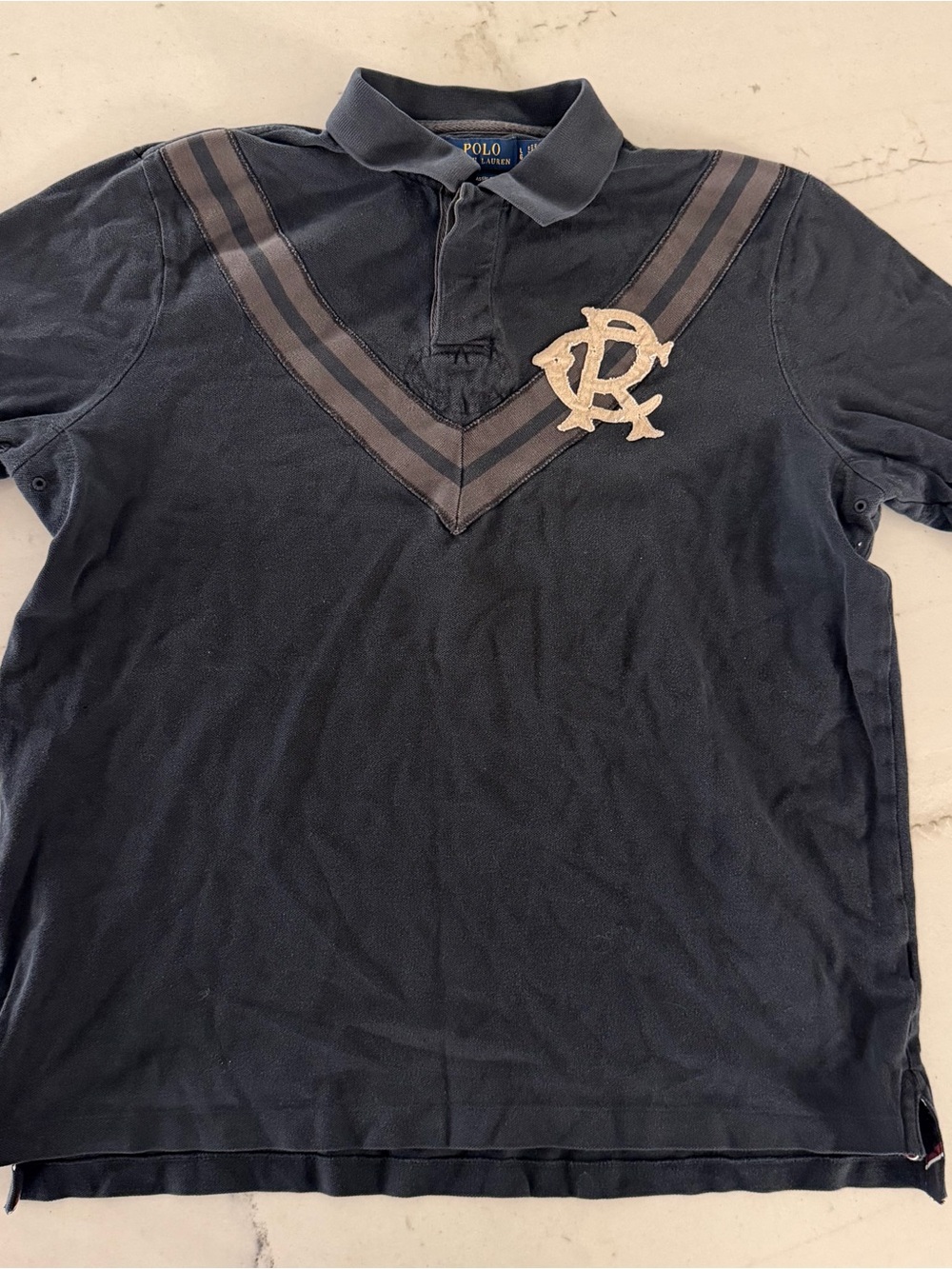 Mens Black POLO RALPH LAUREN Polo Shirt Short Sleeve Chevron Trim Classic Fit L